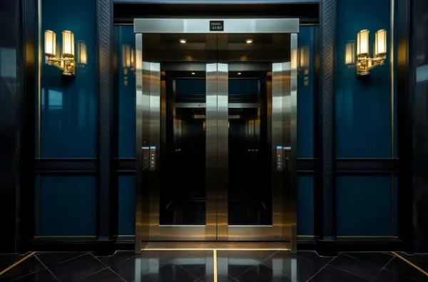 A sleek, modern MRL (Machine Room-Less) elevator with stainless steel doors reflecting the surrounding dark blue wall panels and ornate gold light fixtures, highlighting its space-saving design.