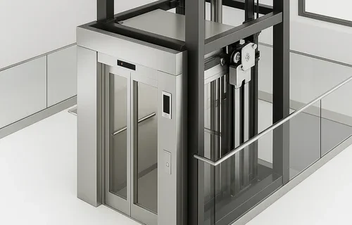 MRL Hydraulic Elevator (Machine Room-Less) elevator with glass enclosure and sleek stainless steel doors.